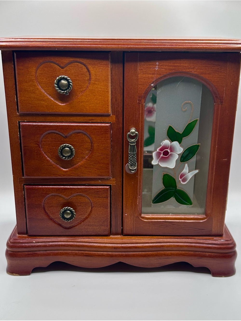 Vintage Mini Wooden Jewelry Armoire Box | Floral Glass Door Mirrored Jewelry